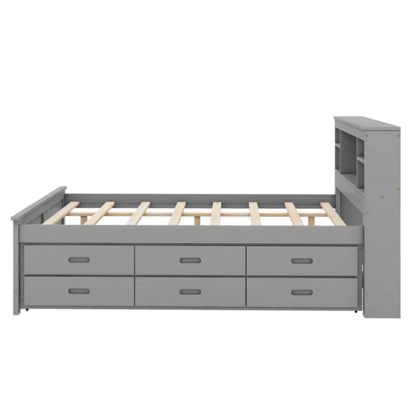 Full size wooden platform bed in modern finish with USB headboard, three underbed storage drawers, and twin-size trundle bed for extra sleeping space.