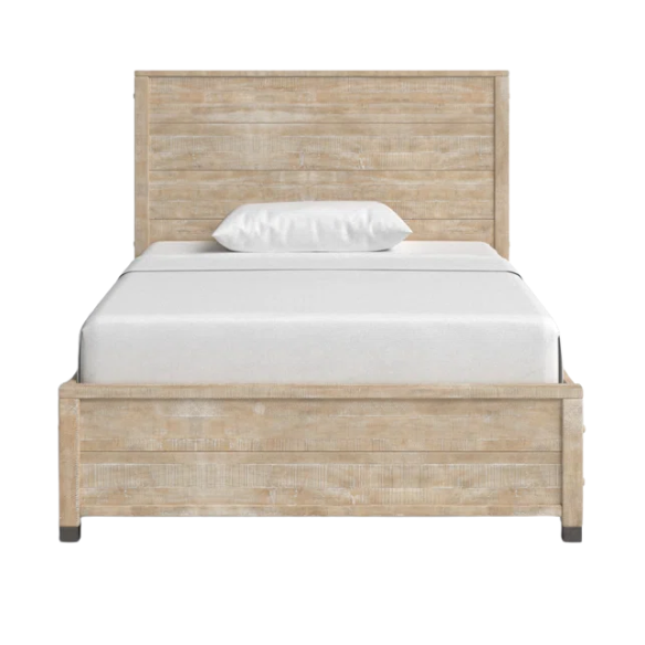 Full-size farmhouse bed in light tan finish, made from solid pine wood with a distressed texture, rectangular headboard and footboard, and slatted platform design.