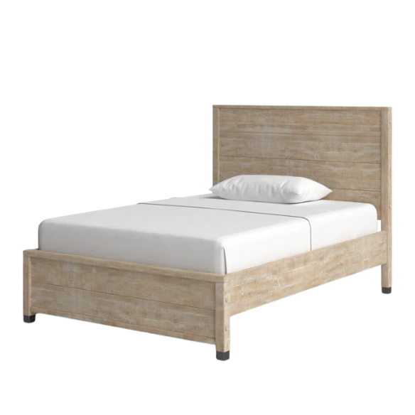 Full-size farmhouse bed in light tan finish, made from solid pine wood with a distressed texture, rectangular headboard and footboard, and slatted platform design.