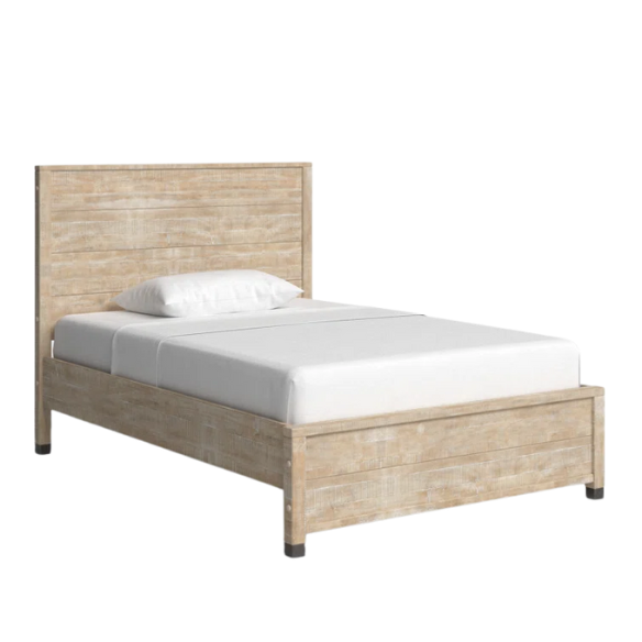 Full-size farmhouse bed in light tan finish, made from solid pine wood with a distressed texture, rectangular headboard and footboard, and slatted platform design.