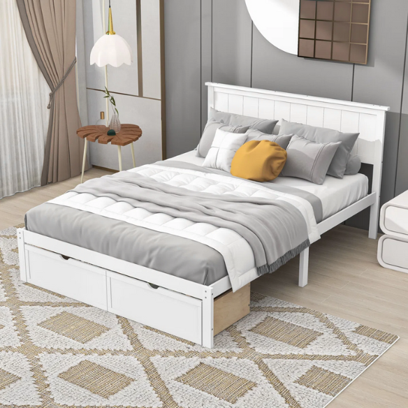 Full size platform bed with two built-in storage drawers, solid pine and MDF construction, rectangular headboard, and 11-inch clearance from floor to bottom.