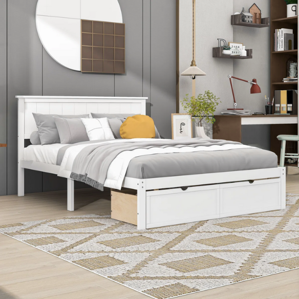 Full size platform bed with two built-in storage drawers, solid pine and MDF construction, rectangular headboard, and 11-inch clearance from floor to bottom.