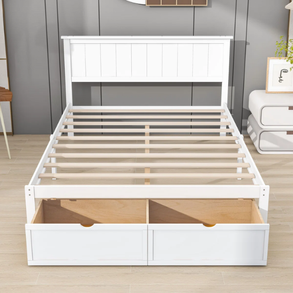 Full size platform bed with two built-in storage drawers, solid pine and MDF construction, rectangular headboard, and 11-inch clearance from floor to bottom.