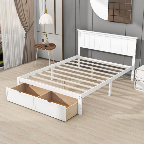 Full size platform bed with two built-in storage drawers, solid pine and MDF construction, rectangular headboard, and 11-inch clearance from floor to bottom.