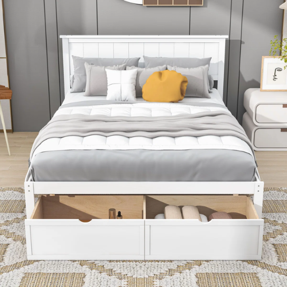Full size platform bed with two built-in storage drawers, solid pine and MDF construction, rectangular headboard, and 11-inch clearance from floor to bottom.