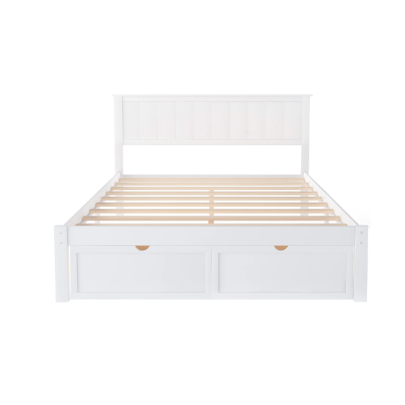 Full size platform bed with two built-in storage drawers, solid pine and MDF construction, rectangular headboard, and 11-inch clearance from floor to bottom.