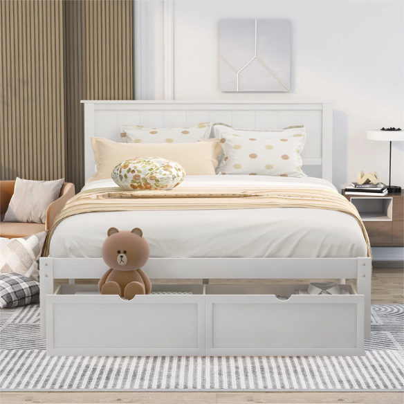 Full size platform bed with two built-in storage drawers, solid pine and MDF construction, rectangular headboard, and 11-inch clearance from floor to bottom.