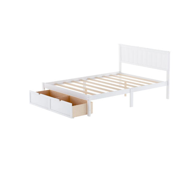 Full size platform bed with two built-in storage drawers, solid pine and MDF construction, rectangular headboard, and 11-inch clearance from floor to bottom.