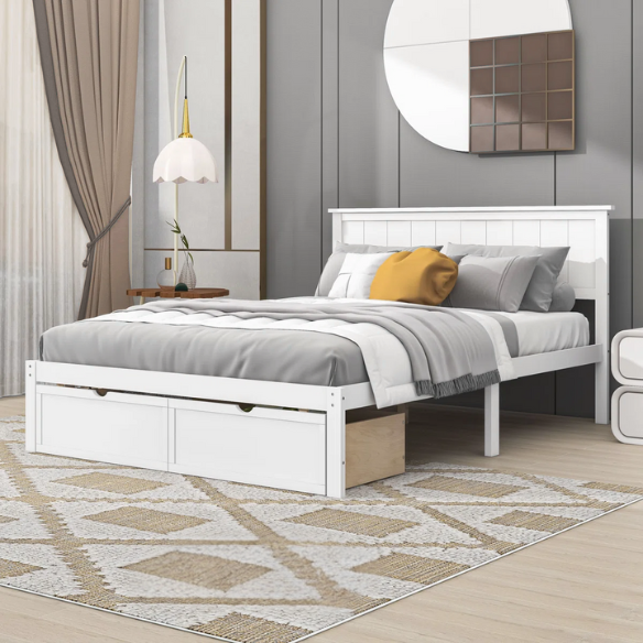Full size platform bed with two built-in storage drawers, solid pine and MDF construction, rectangular headboard, and 11-inch clearance from floor to bottom.