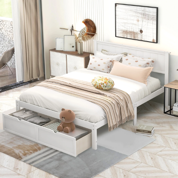Full size platform bed with two built-in storage drawers, solid pine and MDF construction, rectangular headboard, and 11-inch clearance from floor to bottom.