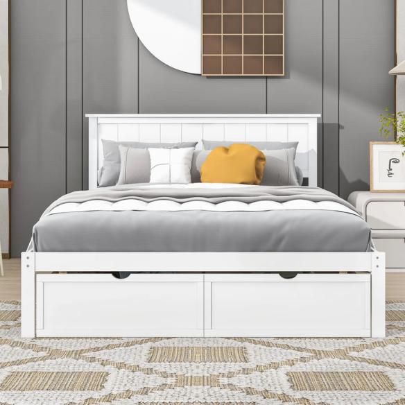 Full size platform bed with two built-in storage drawers, solid pine and MDF construction, rectangular headboard, and 11-inch clearance from floor to bottom.