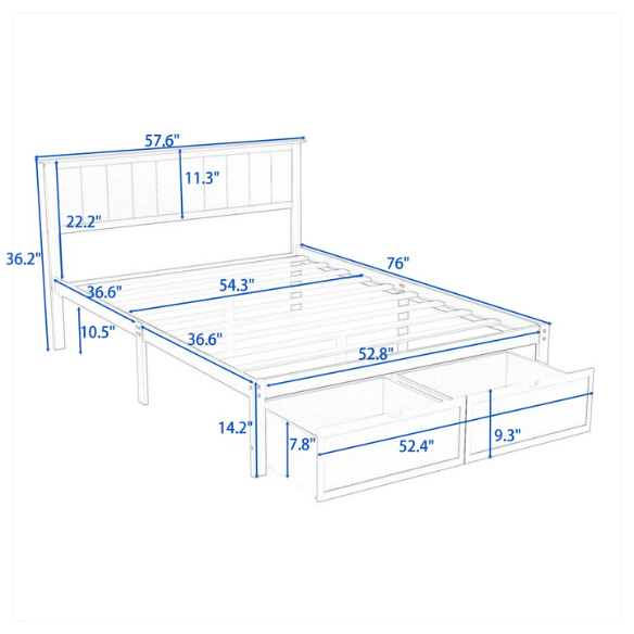 Full size platform bed with two built-in storage drawers, solid pine and MDF construction, rectangular headboard, and 11-inch clearance from floor to bottom.