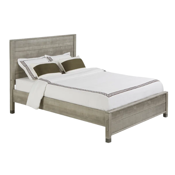 Full-size rustic grey farmhouse bed made of solid pine wood with a distressed finish, rectangular headboard, and platform slat support.