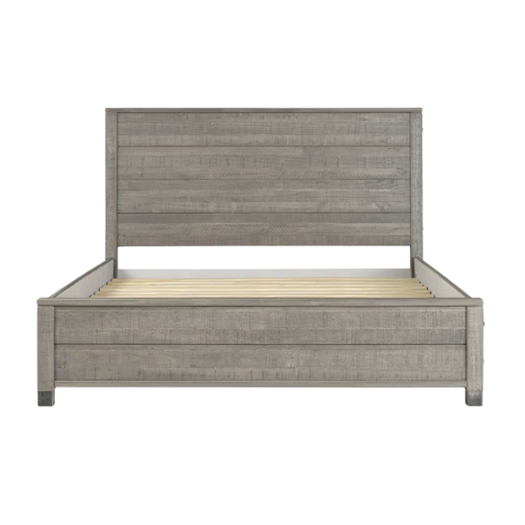 Full-size rustic grey farmhouse bed made of solid pine wood with a distressed finish, rectangular headboard, and platform slat support.