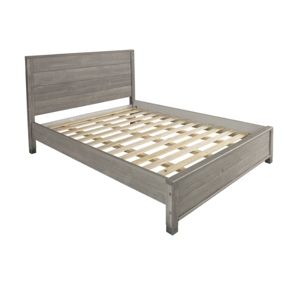 Full-size rustic grey farmhouse bed made of solid pine wood with a distressed finish, rectangular headboard, and platform slat support.