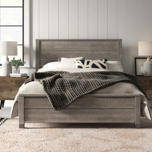 Full-size rustic grey farmhouse bed made of solid pine wood with a distressed finish, rectangular headboard, and platform slat support.