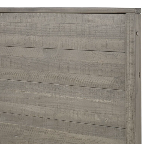 Full-size rustic grey farmhouse bed made of solid pine wood with a distressed finish, rectangular headboard, and platform slat support.