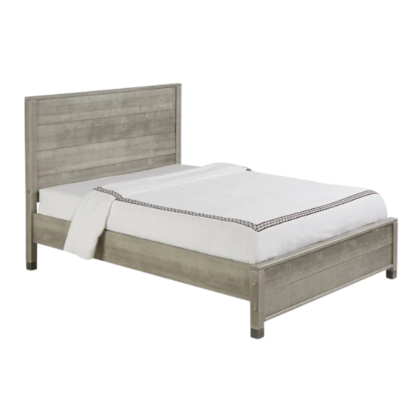 Full-size rustic grey farmhouse bed made of solid pine wood with a distressed finish, rectangular headboard, and platform slat support.