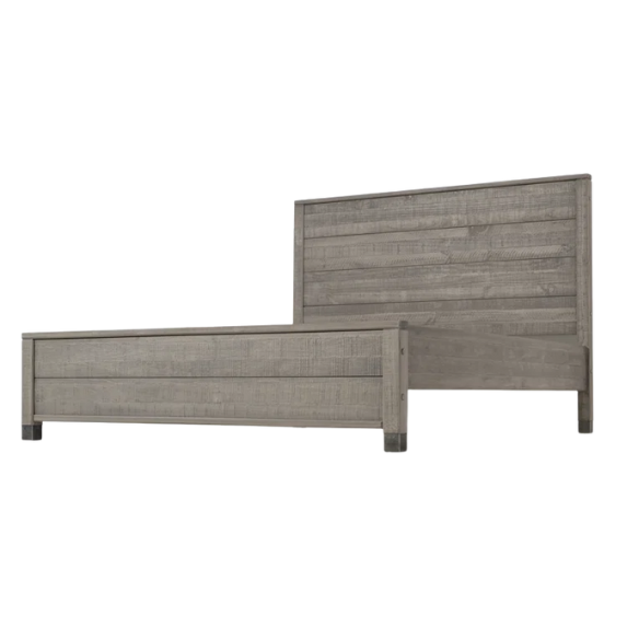 Full-size rustic grey farmhouse bed made of solid pine wood with a distressed finish, rectangular headboard, and platform slat support.