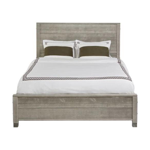 Full-size rustic grey farmhouse bed made of solid pine wood with a distressed finish, rectangular headboard, and platform slat support.