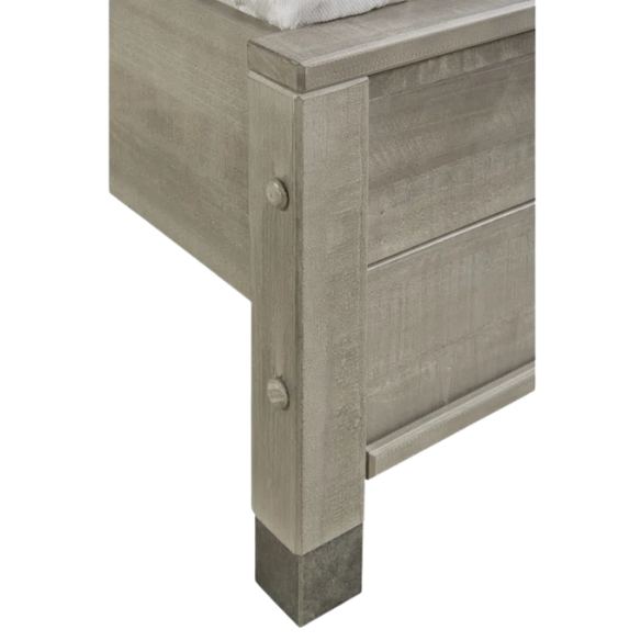 Full-size rustic grey farmhouse bed made of solid pine wood with a distressed finish, rectangular headboard, and platform slat support.