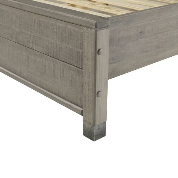 Full-size rustic grey farmhouse bed made of solid pine wood with a distressed finish, rectangular headboard, and platform slat support.