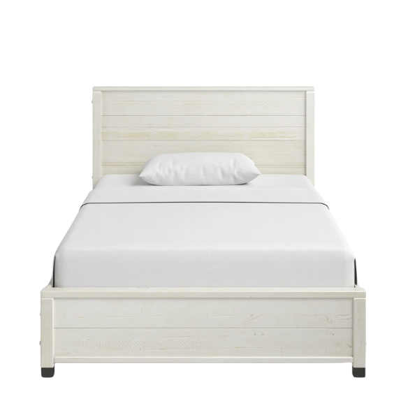 Elevate your bedroom with this full-size rustic white farmhouse bed crafted from solid pine. Features a distressed finish, slat support, and no box spring needed.