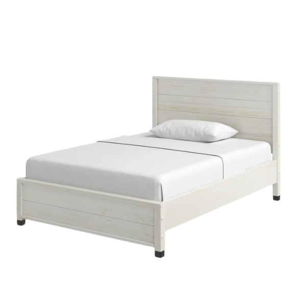 Elevate your bedroom with this full-size rustic white farmhouse bed crafted from solid pine. Features a distressed finish, slat support, and no box spring needed.