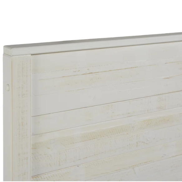 Elevate your bedroom with this full-size rustic white farmhouse bed crafted from solid pine. Features a distressed finish, slat support, and no box spring needed.