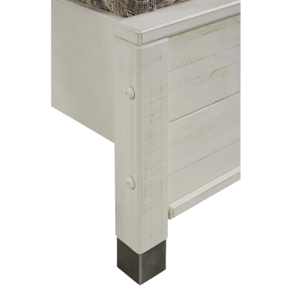 Elevate your bedroom with this full-size rustic white farmhouse bed crafted from solid pine. Features a distressed finish, slat support, and no box spring needed.