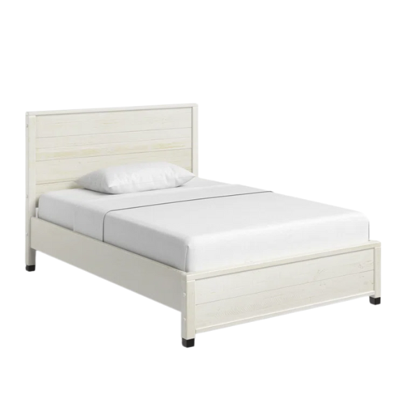 Elevate your bedroom with this full-size rustic white farmhouse bed crafted from solid pine. Features a distressed finish, slat support, and no box spring needed.