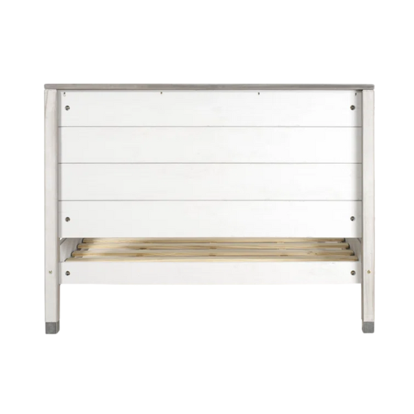 Elevate your bedroom with this full-size rustic white farmhouse bed crafted from solid pine. Features a distressed finish, slat support, and no box spring needed.