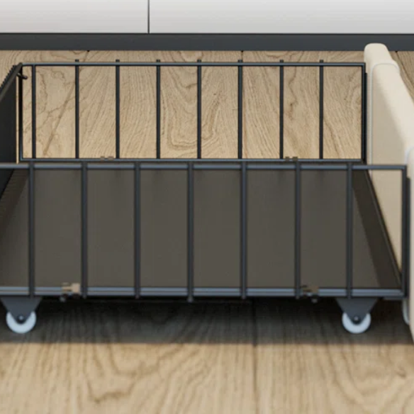 Full size upholstered platform bed in linen fabric with storage headboard, built-in charging station, three rolling drawers, and padded rectangular headboard.