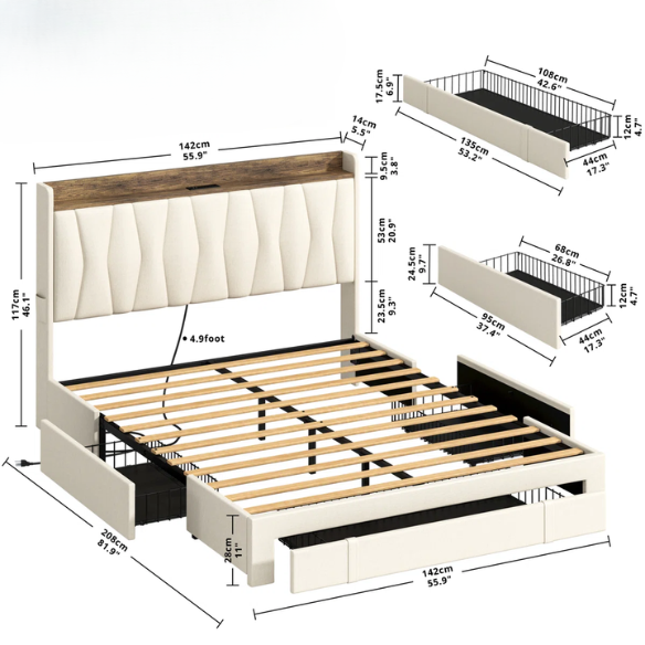 Full size upholstered platform bed in linen fabric with storage headboard, built-in charging station, three rolling drawers, and padded rectangular headboard.