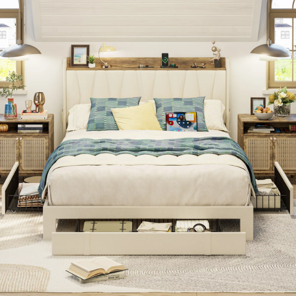 Full size upholstered platform bed in linen fabric with storage headboard, built-in charging station, three rolling drawers, and padded rectangular headboard.