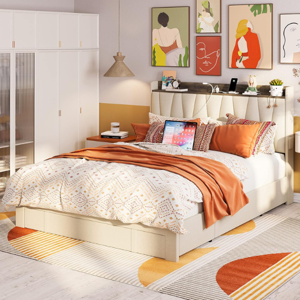 Full size upholstered platform bed in linen fabric with storage headboard, built-in charging station, three rolling drawers, and padded rectangular headboard.