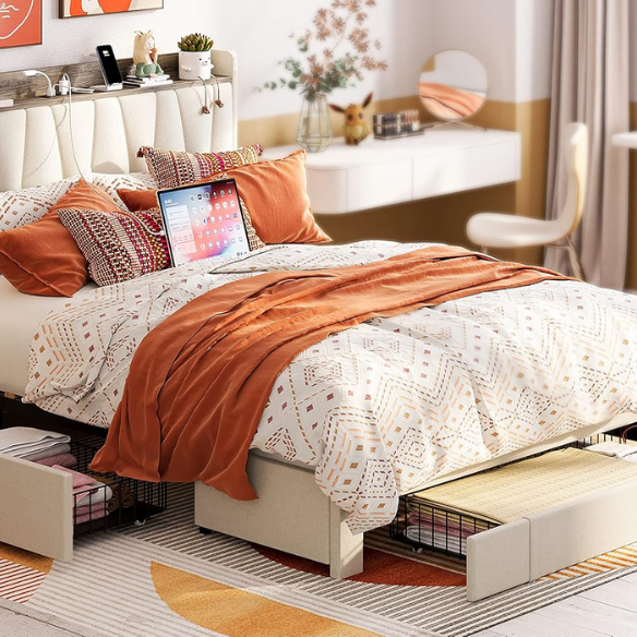 Full size upholstered platform bed in linen fabric with storage headboard, built-in charging station, three rolling drawers, and padded rectangular headboard.