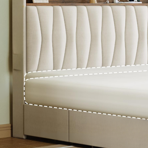 Full size upholstered platform bed in linen fabric with storage headboard, built-in charging station, three rolling drawers, and padded rectangular headboard.