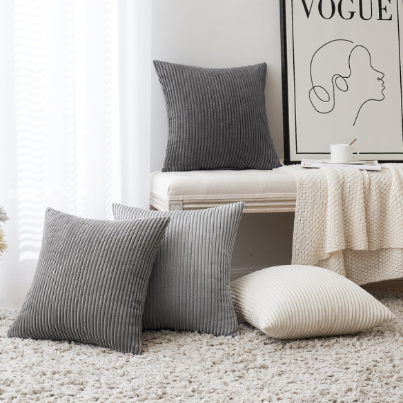 Gray and nude striped corduroy pillow covers – set of 4 decorative 18x18 cushion covers with gradient design and hidden zippers for modern and farmhouse decor.