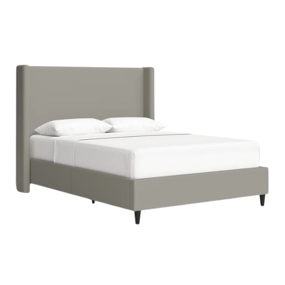 Grey canvas queen platform bed with extra-tall wingback tufted headboard and black tapered legs.