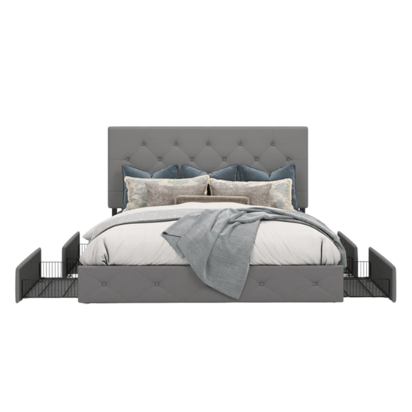 Grey polyester upholstered queen bed with diamond-tufted adjustable headboard and four underbed storage drawers.