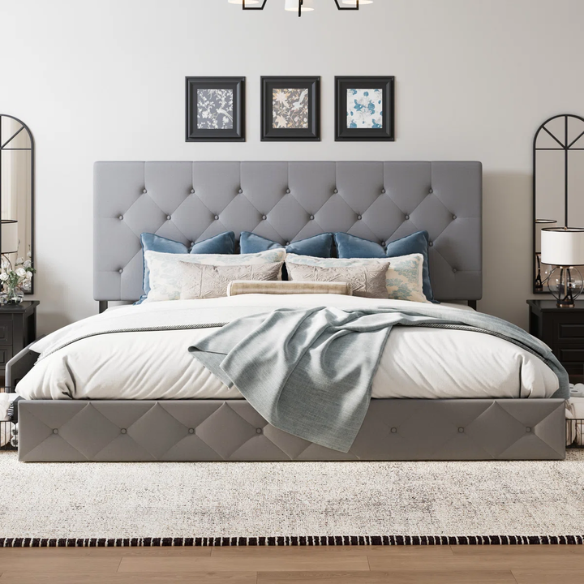 Grey polyester upholstered queen bed with diamond-tufted adjustable headboard and four underbed storage drawers.