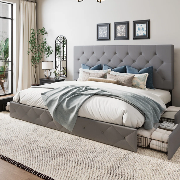 Grey polyester upholstered queen bed with diamond-tufted adjustable headboard and four underbed storage drawers.