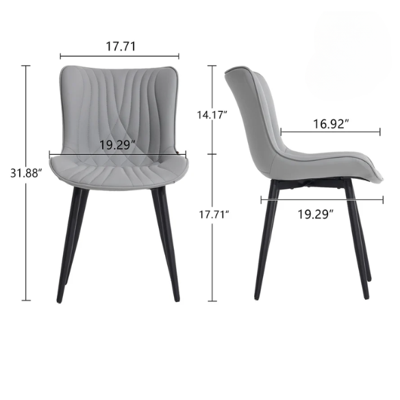 Set of 2 grey faux leather dining chairs with fishtail tufted backs and black metal legs, ideal for modern and minimalist dining room interiors.