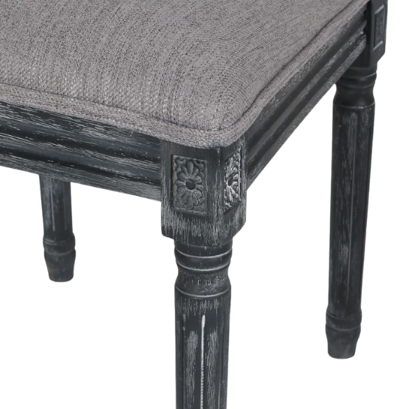 Set of 6 grey French country dining chairs with cane backs, upholstered seats, and weathered wood finish, perfect for rustic farmhouse interiors.