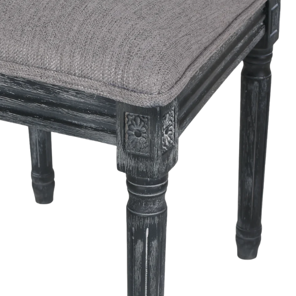 Set of 6 grey French country dining chairs with cane backs, upholstered seats, and weathered wood finish, perfect for rustic farmhouse interiors.