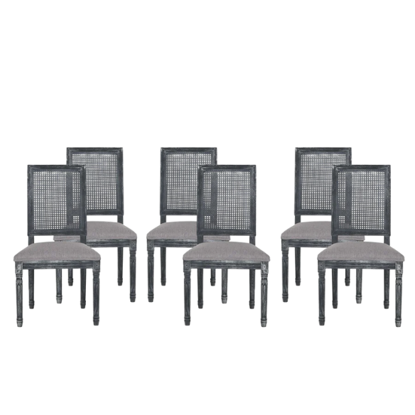 Set of 6 grey French country dining chairs with cane backs, upholstered seats, and weathered wood finish, perfect for rustic farmhouse interiors.
