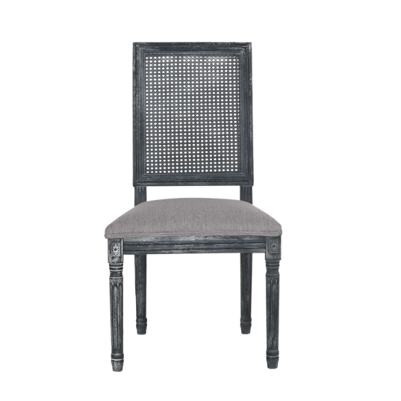 Set of 6 grey French country dining chairs with cane backs, upholstered seats, and weathered wood finish, perfect for rustic farmhouse interiors.