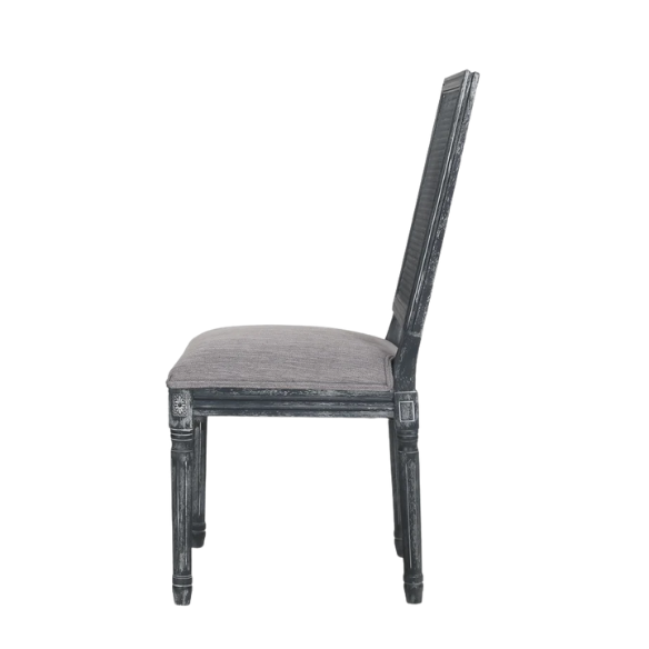 Set of 6 grey French country dining chairs with cane backs, upholstered seats, and weathered wood finish, perfect for rustic farmhouse interiors.