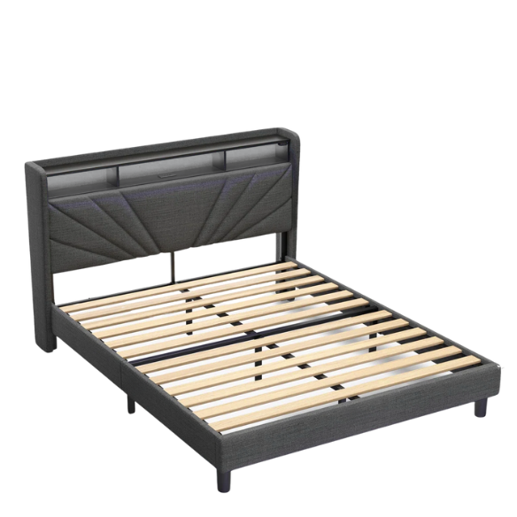 Grey full size platform bed with linen upholstery, wingback headboard featuring RGB LED lights, built-in USB and USB-C ports, and three-tier storage compartments.